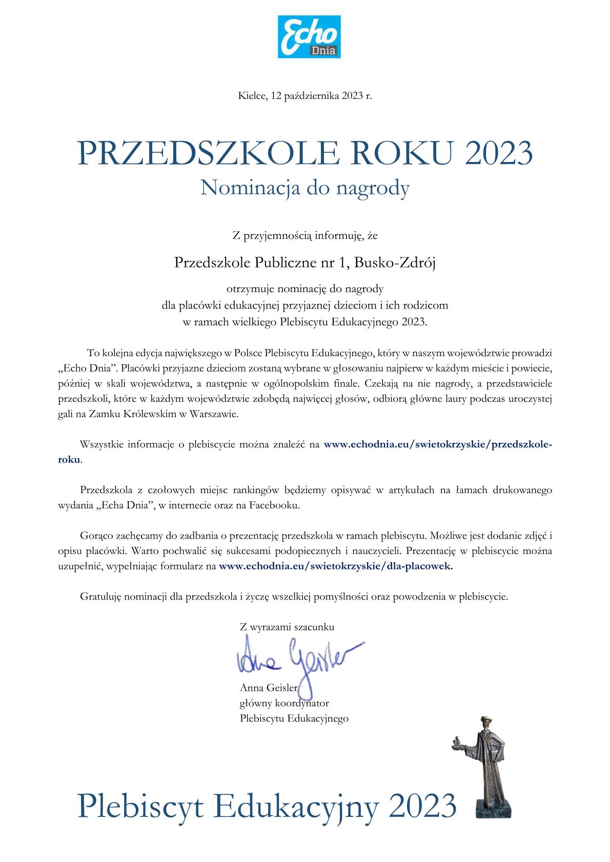 Nominacja do nagrody Przedszkole Roku